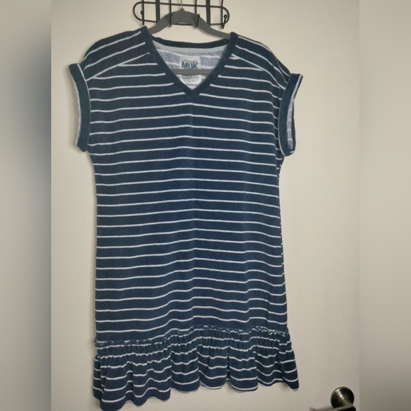 Muk Luks (Size S) Navy Blue & White Striped Ruffle Hem Terry Cloth Shift Dress - Picture 1 of 10